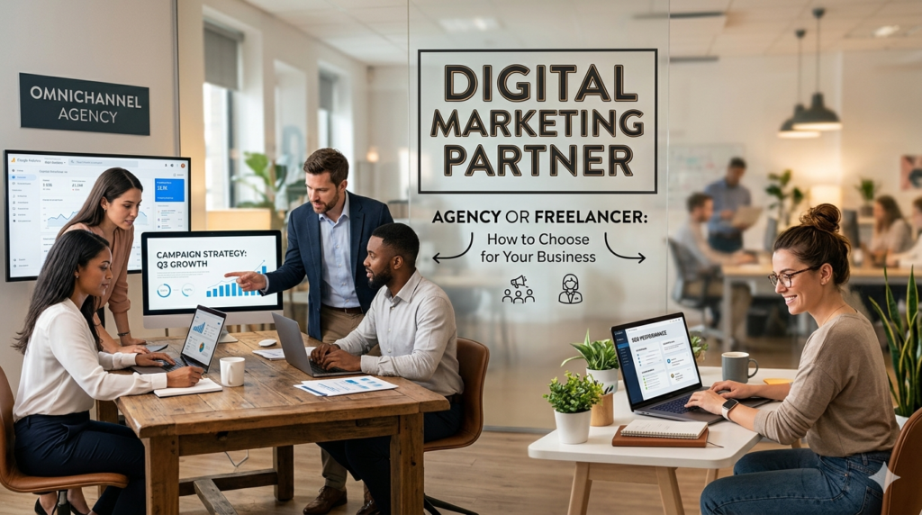 Digital Marketing Agency vs Freelancer comparison illustrating how businesses choose between a marketing agency team and a freelance digital marketer.